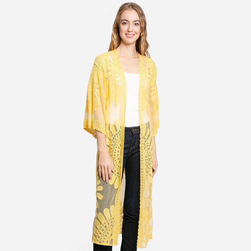 Yellow Floral Patterned Long Lace Cover Up Kimono Poncho - Jewelry Store by Erik Rayo