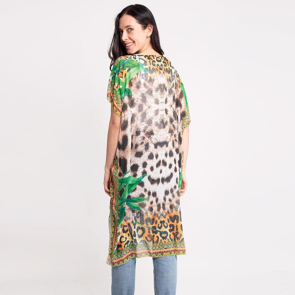 Mixed Leopard Leaves Print Long Poncho - Jewelry Store by Erik Rayo