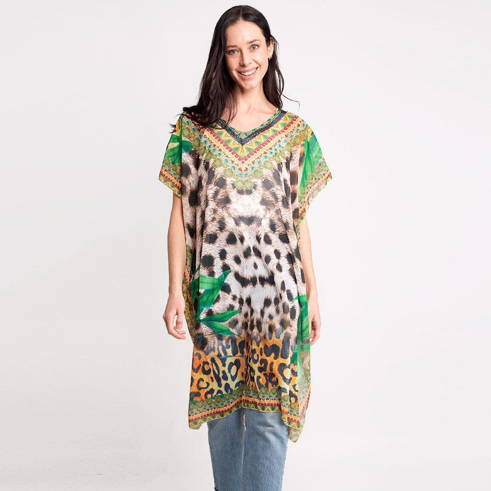 Mixed Leopard Leaves Print Long Poncho - Jewelry Store by Erik Rayo