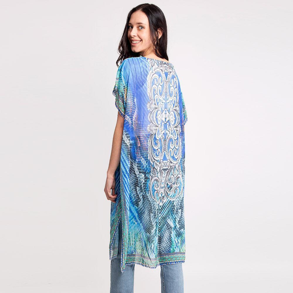 Blue Mixed Print Long Poncho - Jewelry Store by Erik Rayo