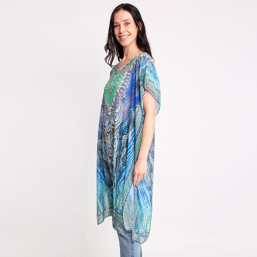 Blue Mixed Print Long Poncho - Jewelry Store by Erik Rayo