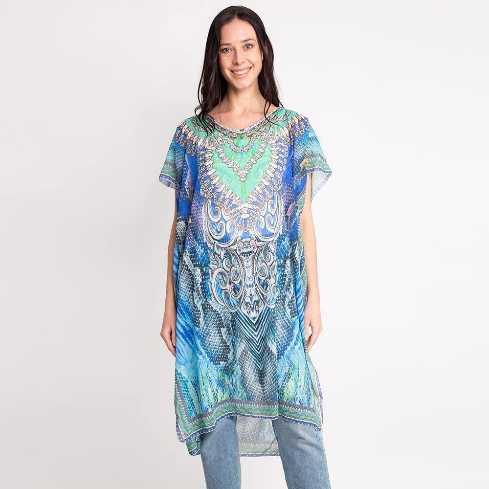 Blue Mixed Print Long Poncho - Jewelry Store by Erik Rayo
