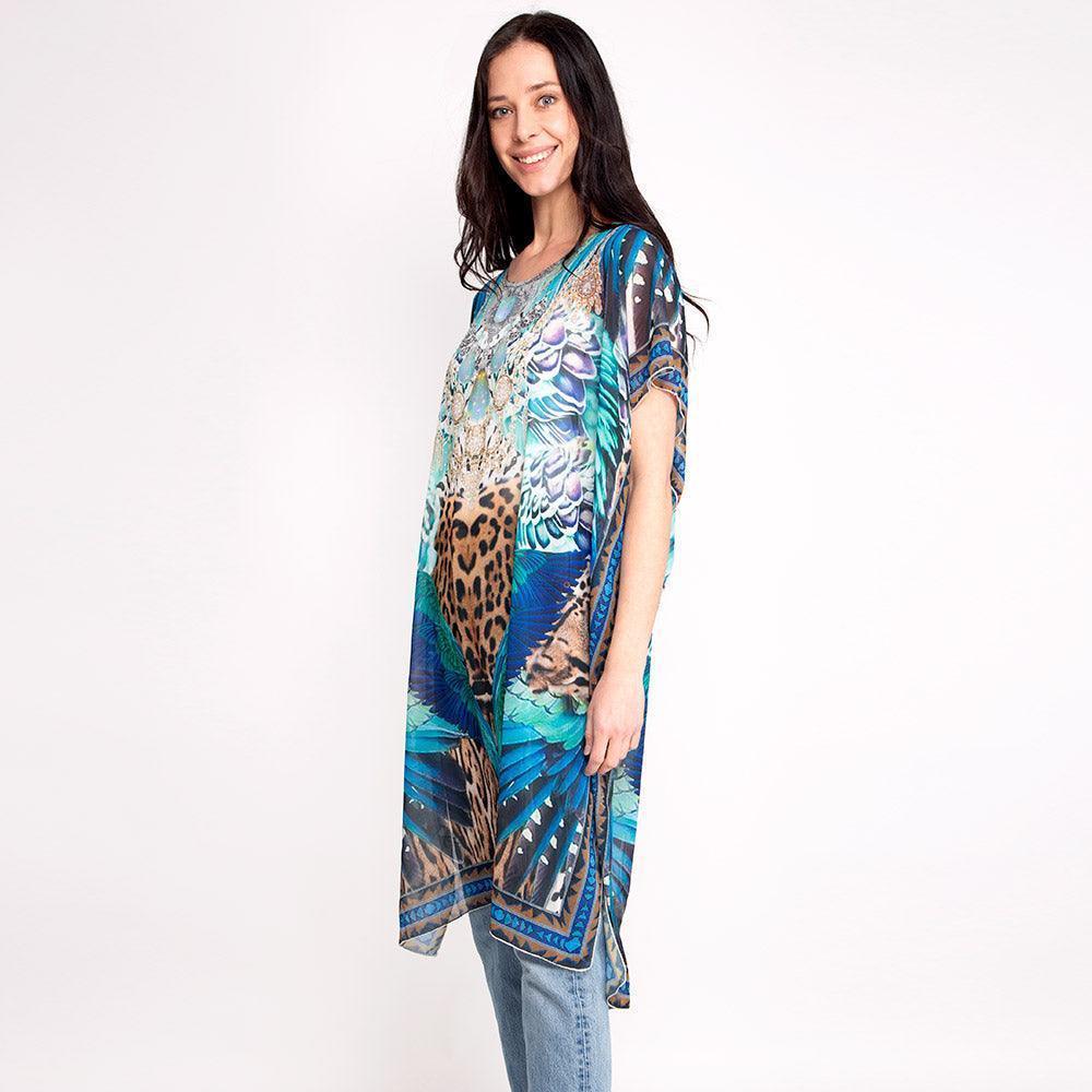Brown Mixed Leopard Feather Print Long Poncho - Jewelry Store by Erik Rayo