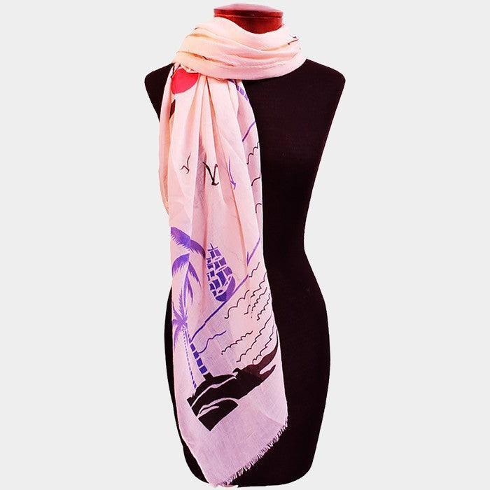 Pink Palm tree & ship print scarf - Jewelry Store by Erik Rayo