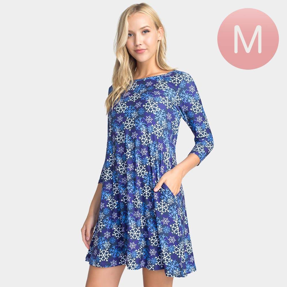 Blue Snowflake Patterned A-Line Dress