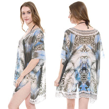 Load image into Gallery viewer, Blue Mixed Print Rhinestone Studded Topper Cover Up Poncho
