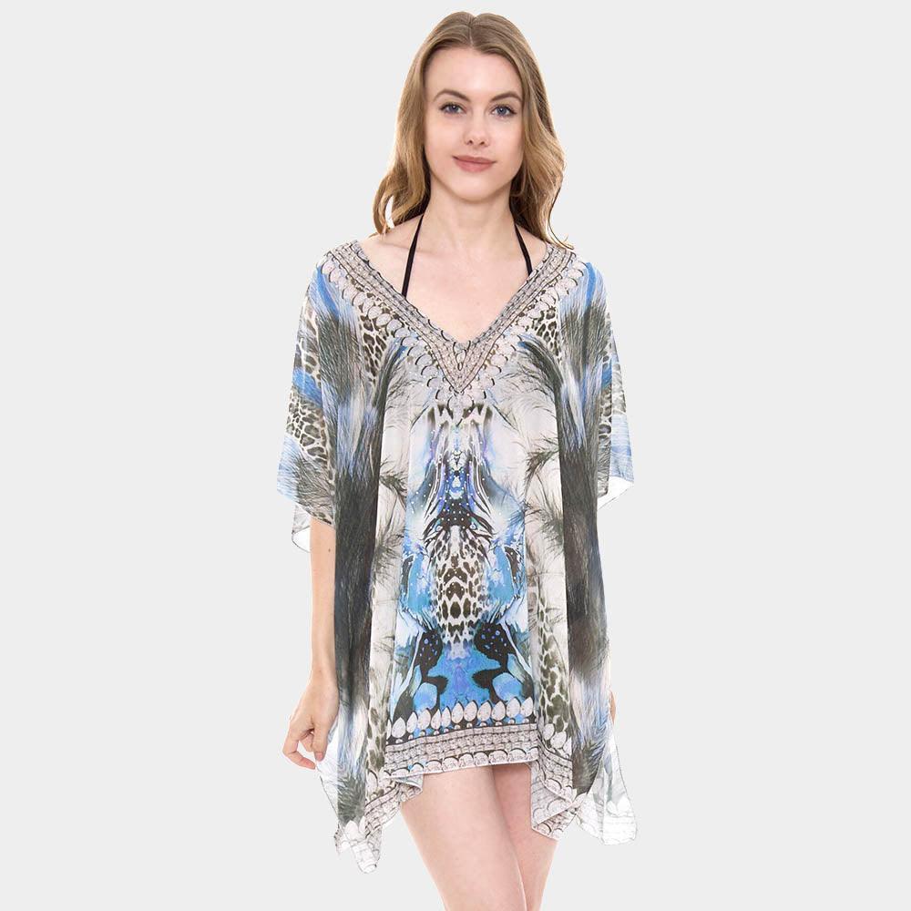 Blue Mixed Print Rhinestone Studded Topper Cover Up Poncho - Jewelry Store by Erik Rayo