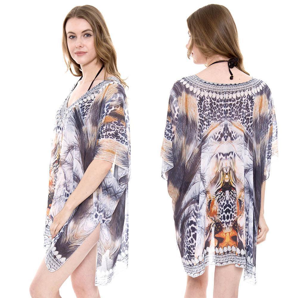 Orange Mixed Print Rhinestone Studded Topper Cover Up Poncho - Jewelry Store by Erik Rayo