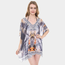 Load image into Gallery viewer, Orange Mixed Print Rhinestone Studded Topper Cover Up Poncho
