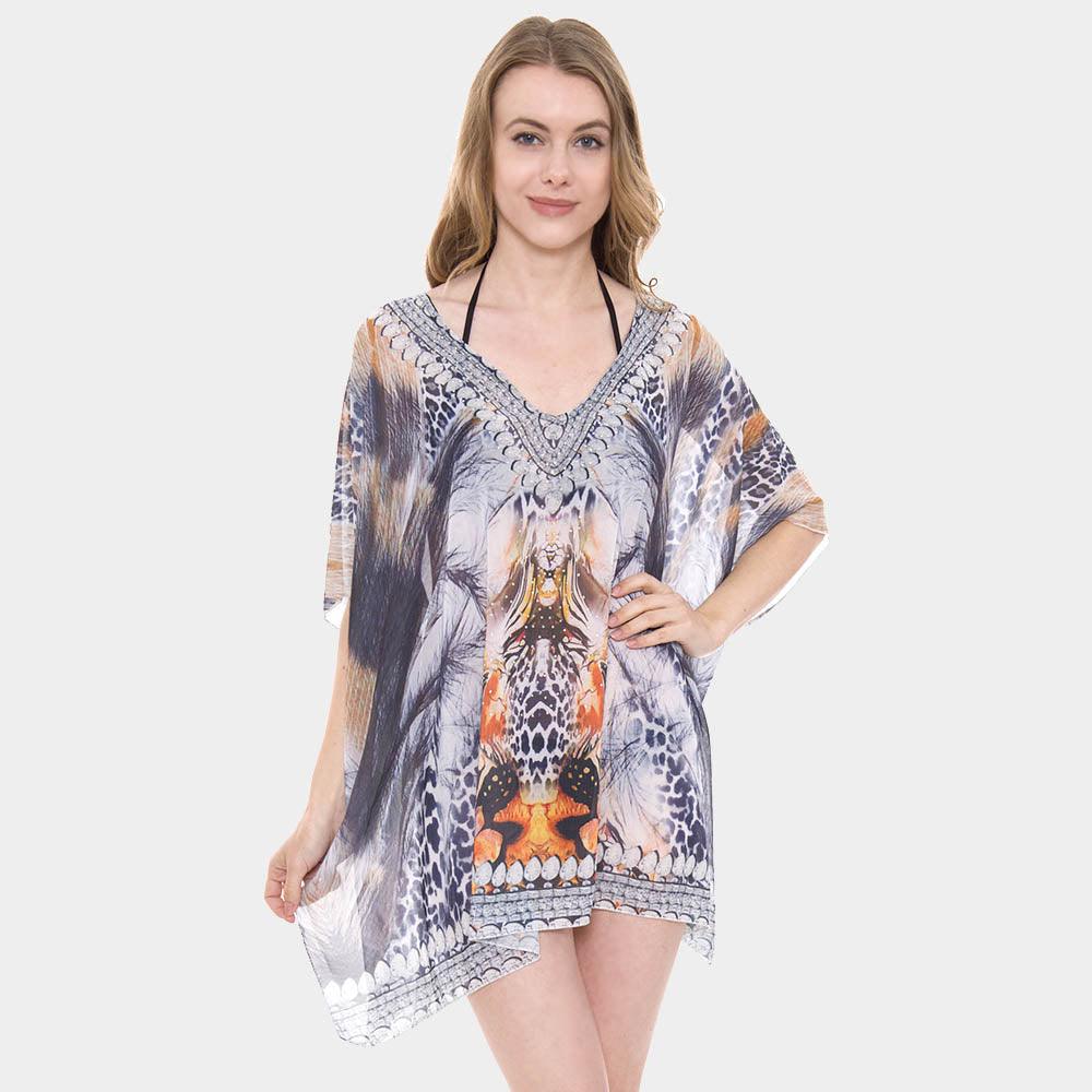 Orange Mixed Print Rhinestone Studded Topper Cover Up Poncho