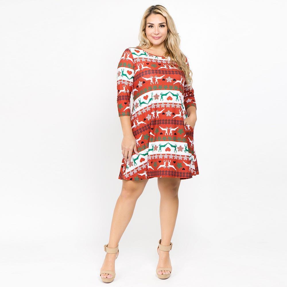 Red Fair Isle Reindeer Patterned A-Line Dress - Jewelry Store by Erik Rayo