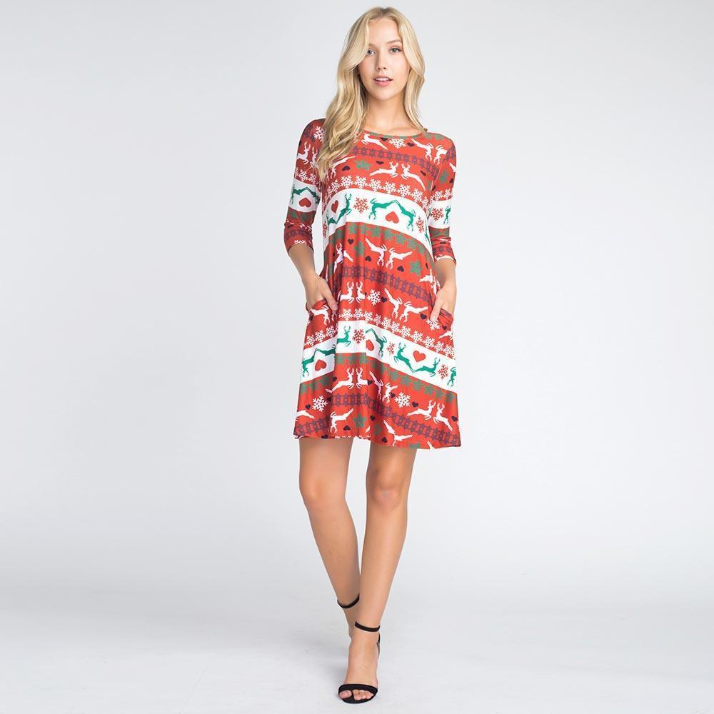 Red Fair Isle Reindeer Patterned A-Line Dress - Jewelry Store by Erik Rayo