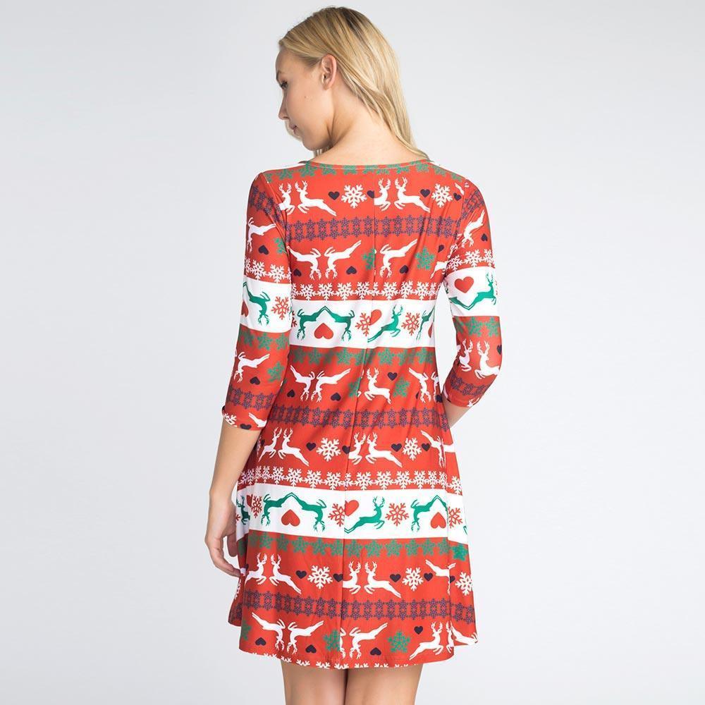 Red Fair Isle Reindeer Patterned A-Line Dress - Jewelry Store by Erik Rayo