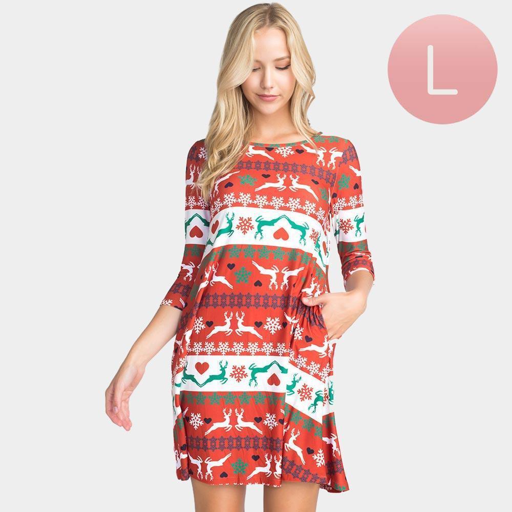 Red Fair Isle Reindeer Patterned A-Line Dress - Jewelry Store by Erik Rayo