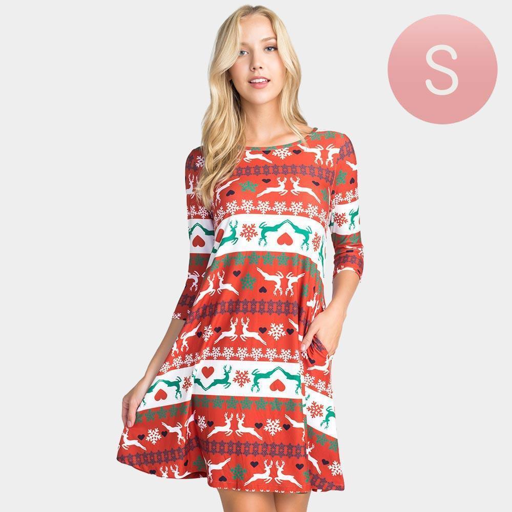 Red Fair Isle Reindeer Patterned A-Line Dress - Jewelry Store by Erik Rayo