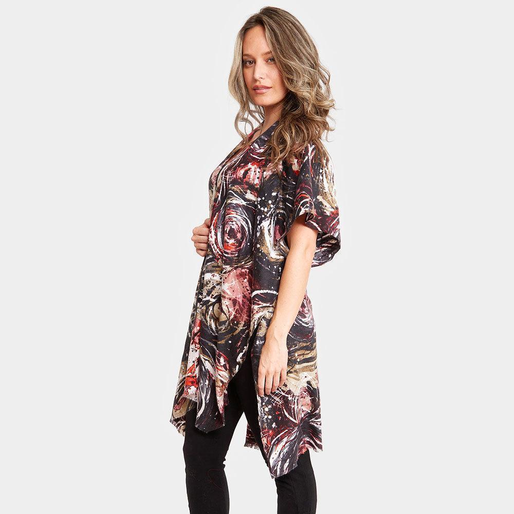Black Digital Abstract Print Silky Kimono Poncho - Jewelry Store by Erik Rayo