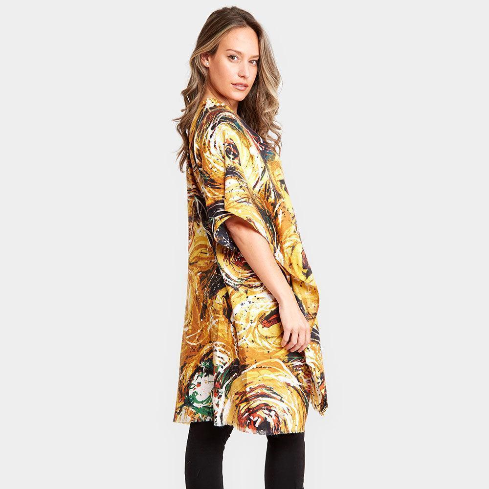 Mustard Digital Abstract Print Silky Kimono Poncho - Jewelry Store by Erik Rayo