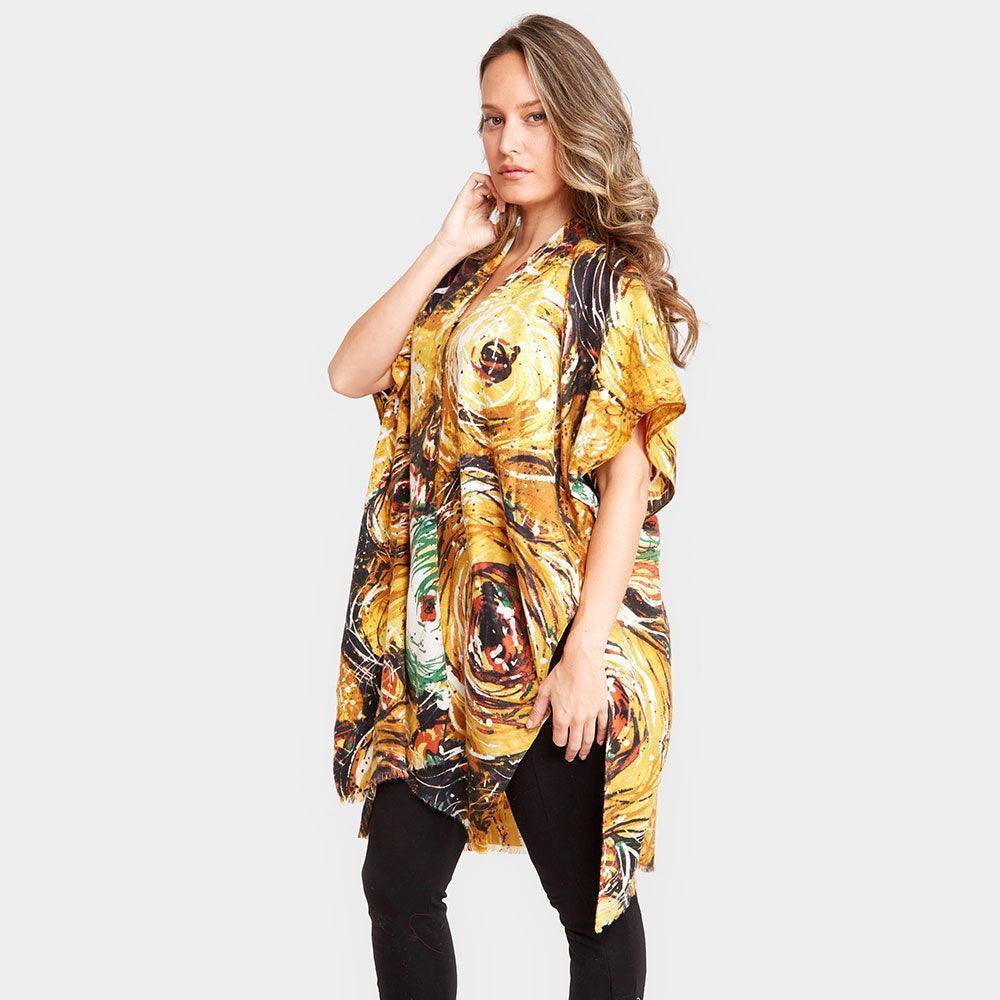 Mustard Digital Abstract Print Silky Kimono Poncho - Jewelry Store by Erik Rayo
