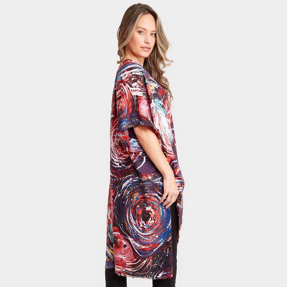 Red Digital Abstract Print Silky Kimono Poncho - Jewelry Store by Erik Rayo