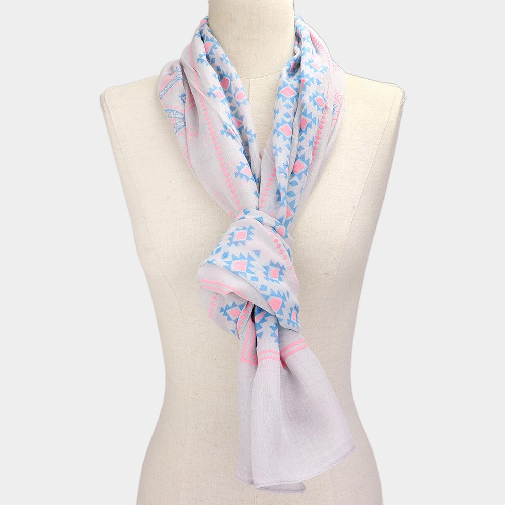 Gray Aztec Pattern Print Oblong Scarf