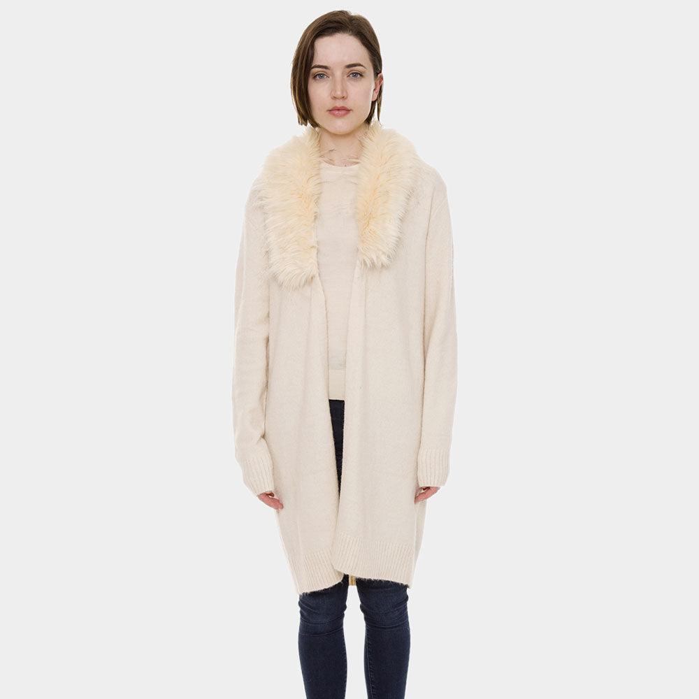 Beige Faux Fur Collar Solid Color Cardigan