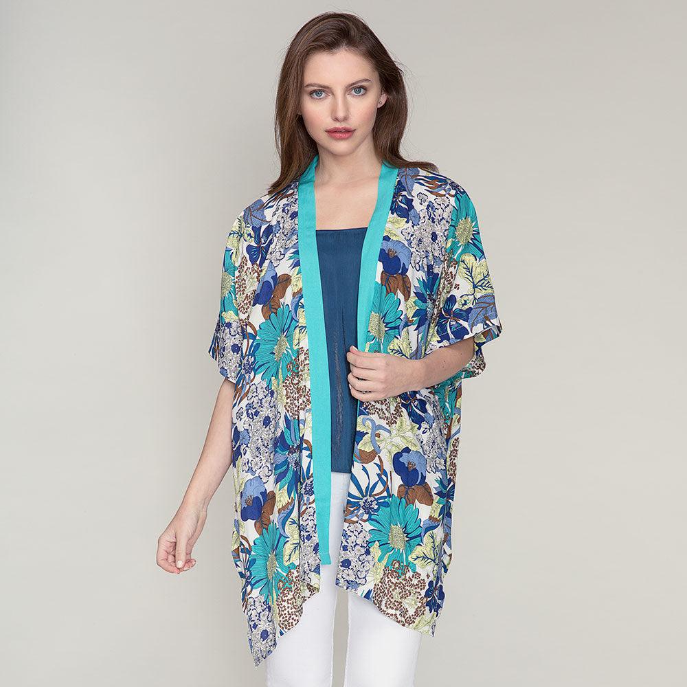 Mint Flower Printed Cover Up Kimono Poncho