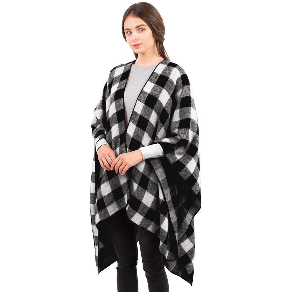 Black Buffalo Plaid Pattern Cape Ruana Poncho - Jewelry Store by Erik Rayo