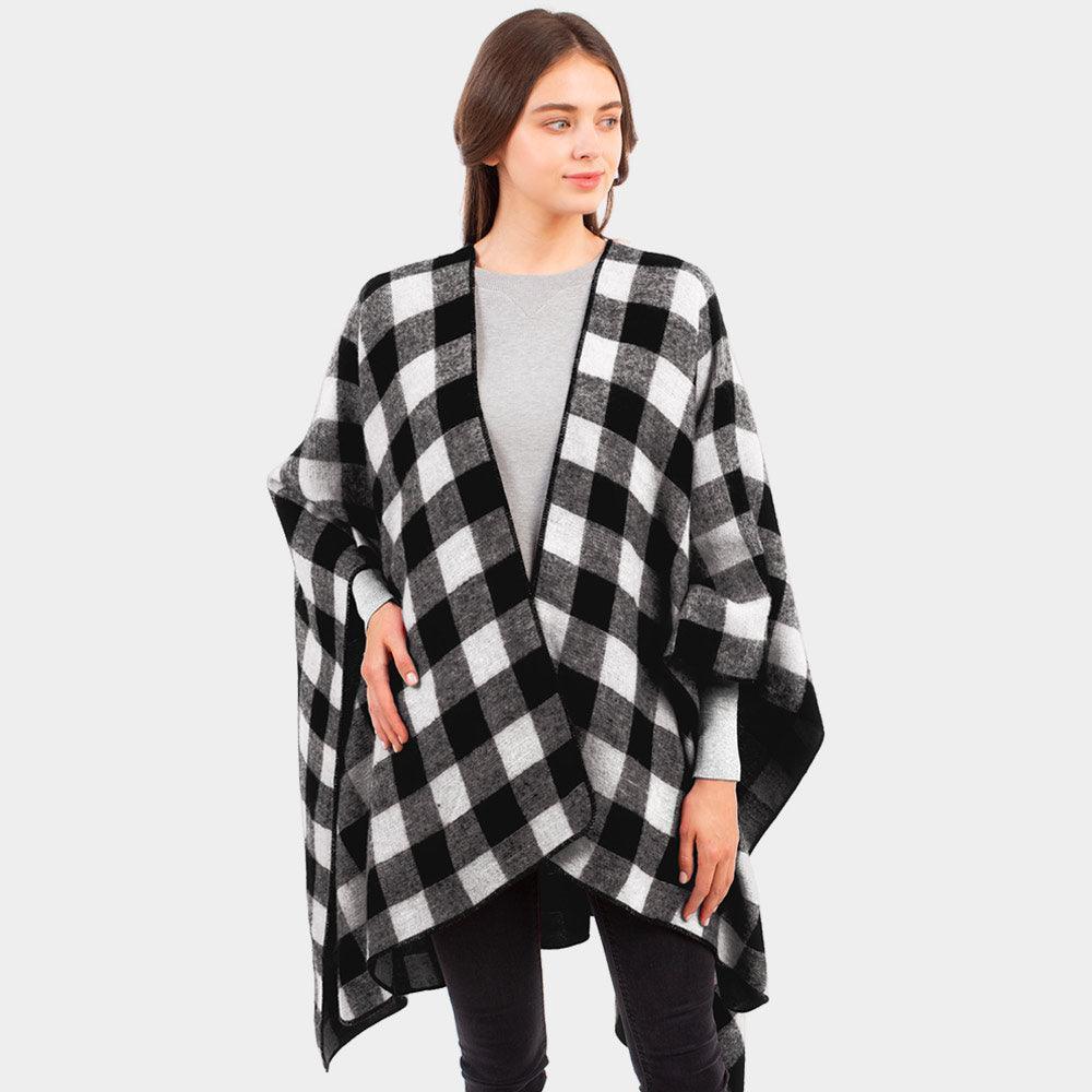 Black Buffalo Plaid Pattern Cape Ruana Poncho - Jewelry Store by Erik Rayo