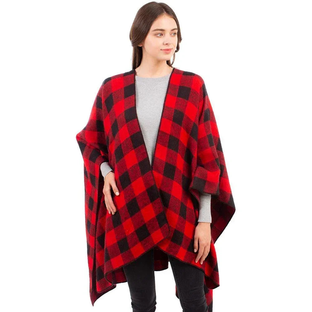Red Buffalo Plaid Pattern Cape Ruana Poncho - Jewelry Store by Erik Rayo