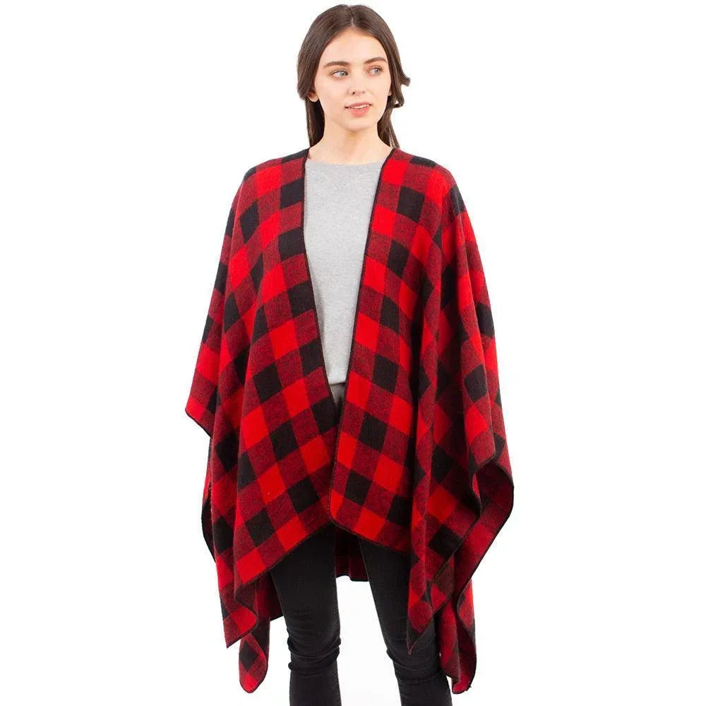 Red Buffalo Plaid Pattern Cape Ruana Poncho - Jewelry Store by Erik Rayo