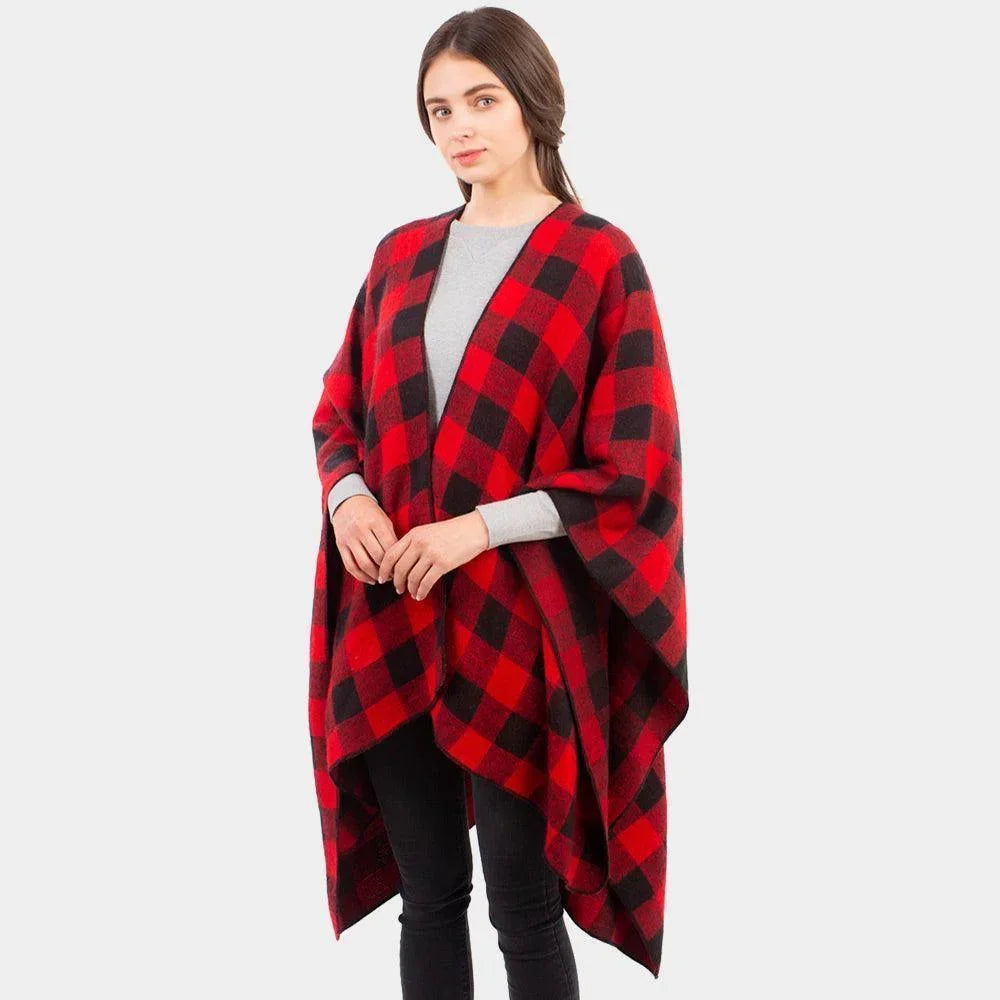 Red Buffalo Plaid Pattern Cape Ruana Poncho - Jewelry Store by Erik Rayo