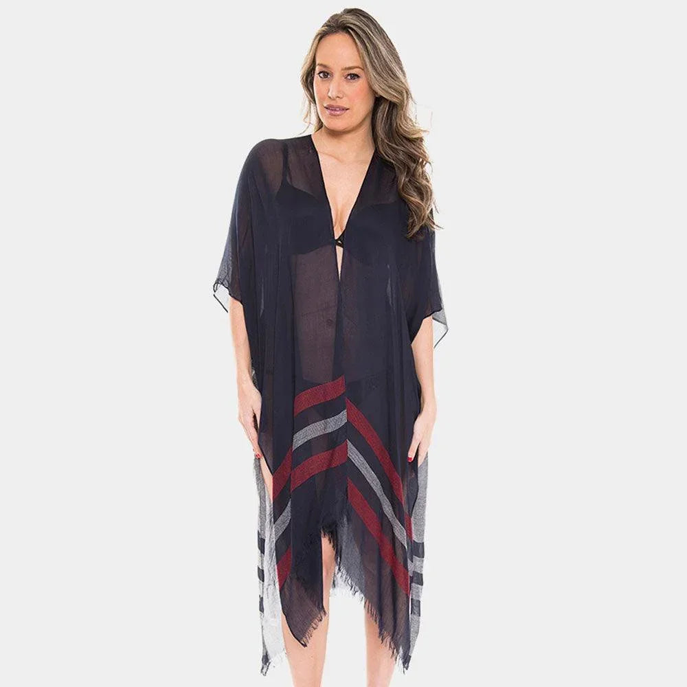 Blue Two Tone Line Long Cover-up Cardigan Poncho - Jewelry Store by Erik Rayo