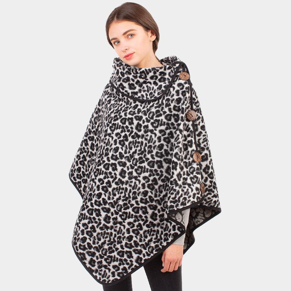Black Leopard Pattern Turtleneck Coconut Button Poncho - Jewelry Store by Erik Rayo