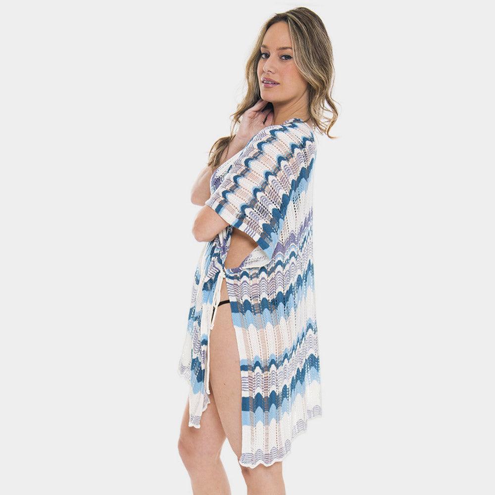 Blue Zigzag Chevron Patterned Front Tie Cover Up - Jewelry Store by Erik Rayo