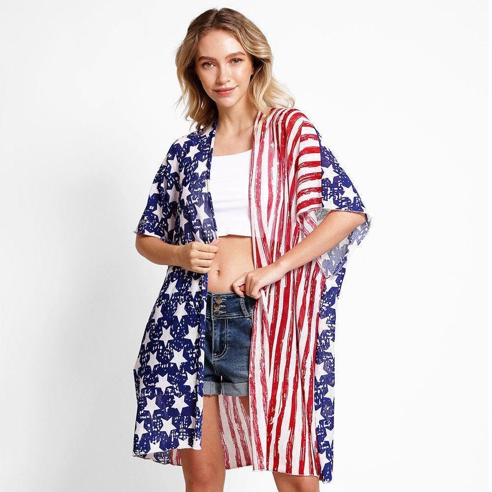 Red American USA Flag Print Cover Up Kimono Poncho - Jewelry Store by Erik Rayo