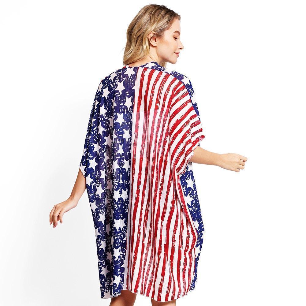 Red American USA Flag Print Cover Up Kimono Poncho - Jewelry Store by Erik Rayo