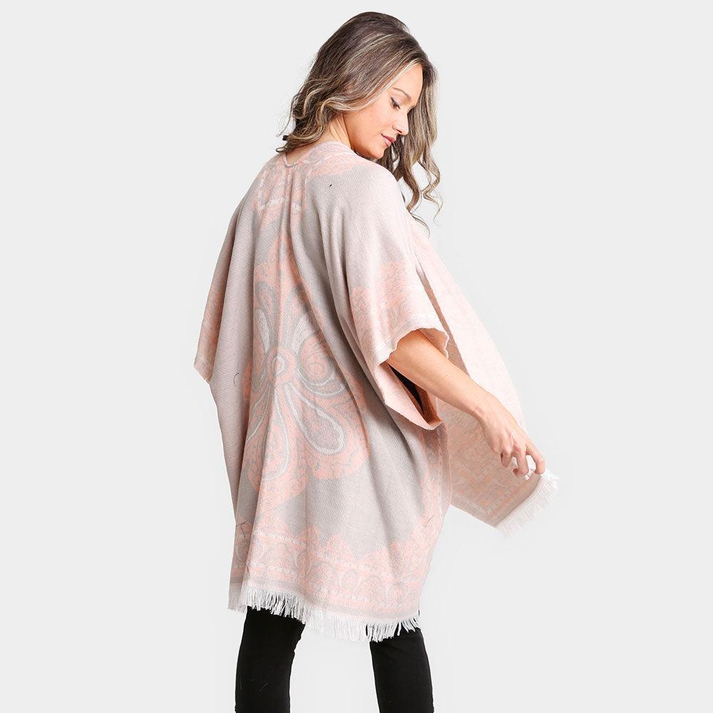 Pink Floral Pattern Fringe Ruana Poncho - Jewelry Store by Erik Rayo