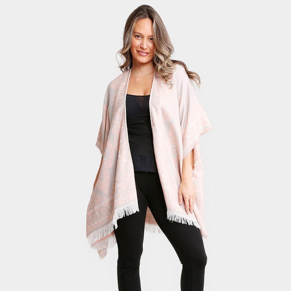 Pink Floral Pattern Fringe Ruana Poncho - Jewelry Store by Erik Rayo