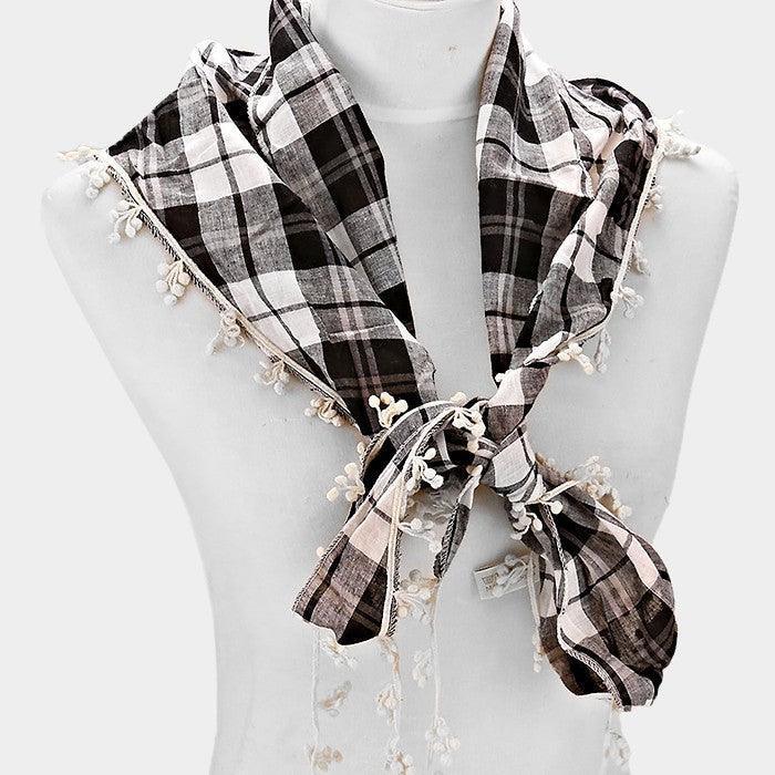 Black Crochet drop fringe plaid check scarf - Jewelry Store by Erik Rayo