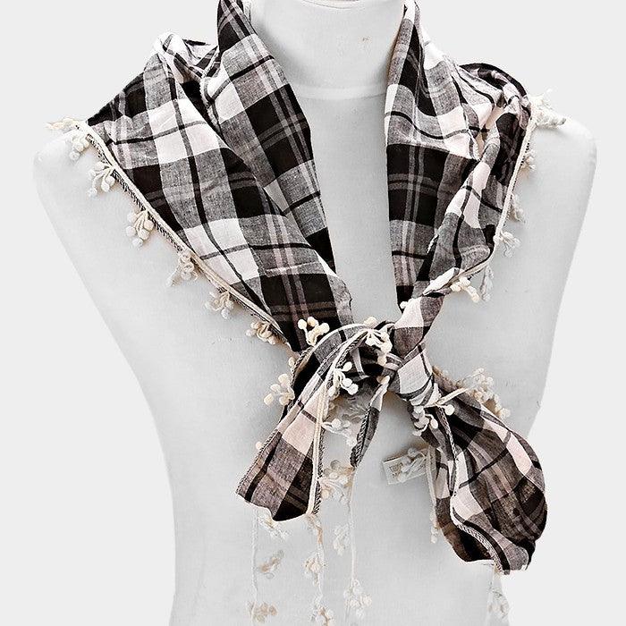 Black Crochet drop fringe plaid check scarf