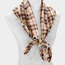 Load image into Gallery viewer, Brown Crochet drop fringe plaid check scarf
