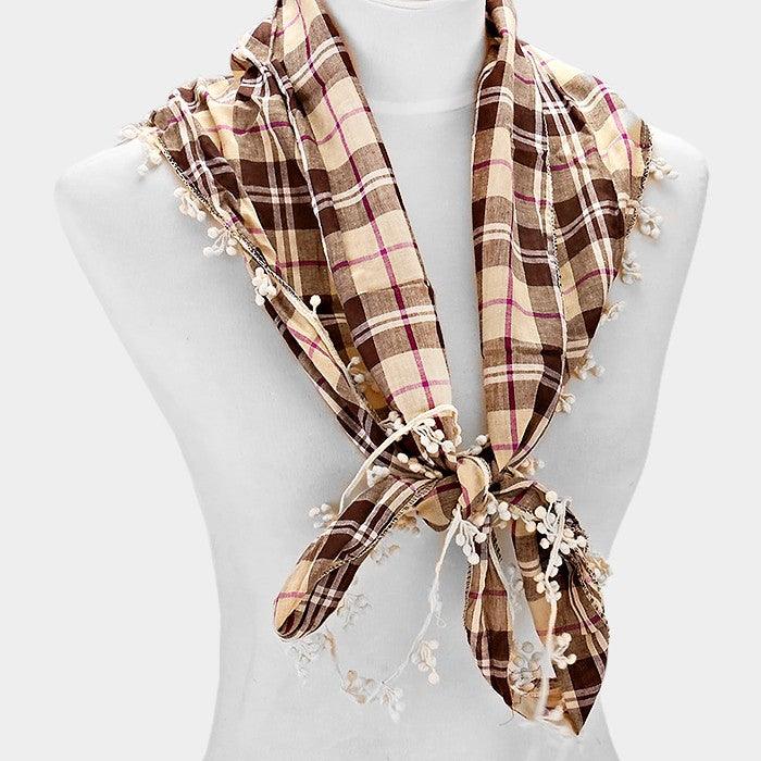 Brown Crochet drop fringe plaid check scarf