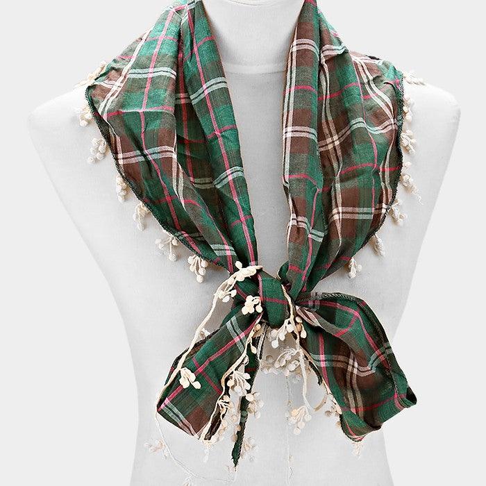 Green Crochet drop fringe plaid check scarf