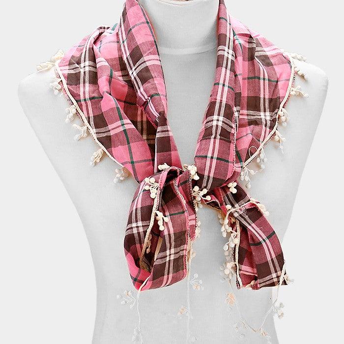 Pink Crochet drop fringe plaid check scarf