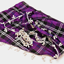 Load image into Gallery viewer, Purple Crochet drop fringe plaid check scarf
