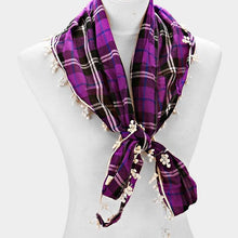 Load image into Gallery viewer, Purple Crochet drop fringe plaid check scarf
