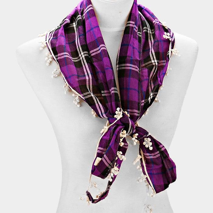 Purple Crochet drop fringe plaid check scarf