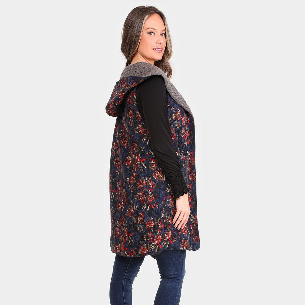 Navy Floral Print Sherpa Lined Hooded Pocket Vest - Jewelry Store by Erik Rayo