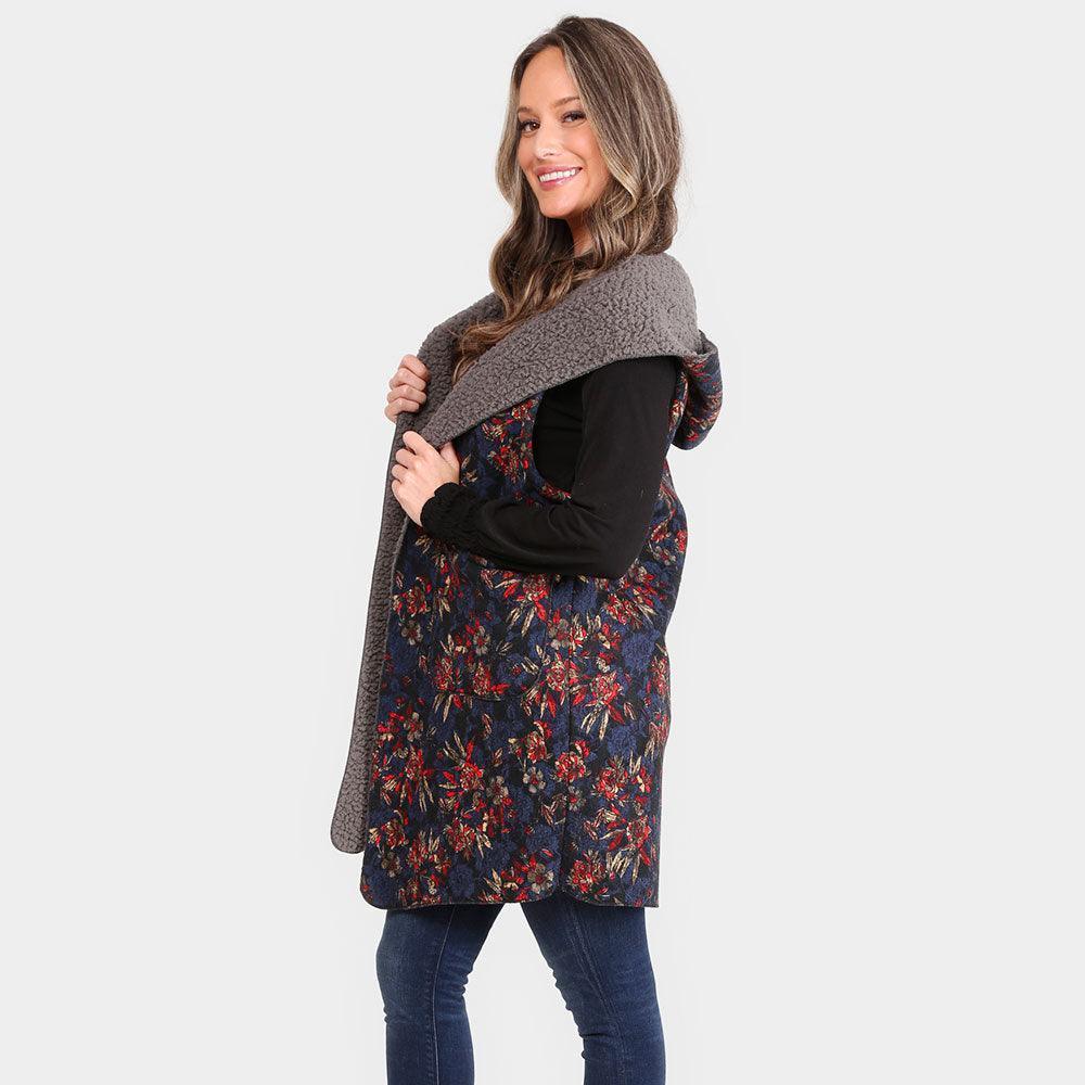 Navy Floral Print Sherpa Lined Hooded Pocket Vest - Jewelry Store by Erik Rayo