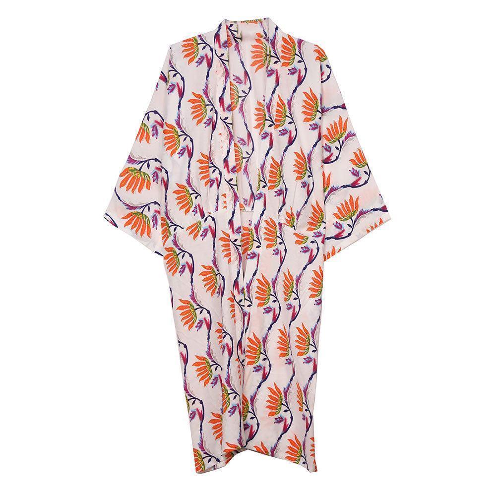 White Oriental Floral Print Long Kimono Poncho - Jewelry Store by Erik Rayo